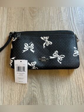 Coach Black & White Bow Print Leather Wristlet